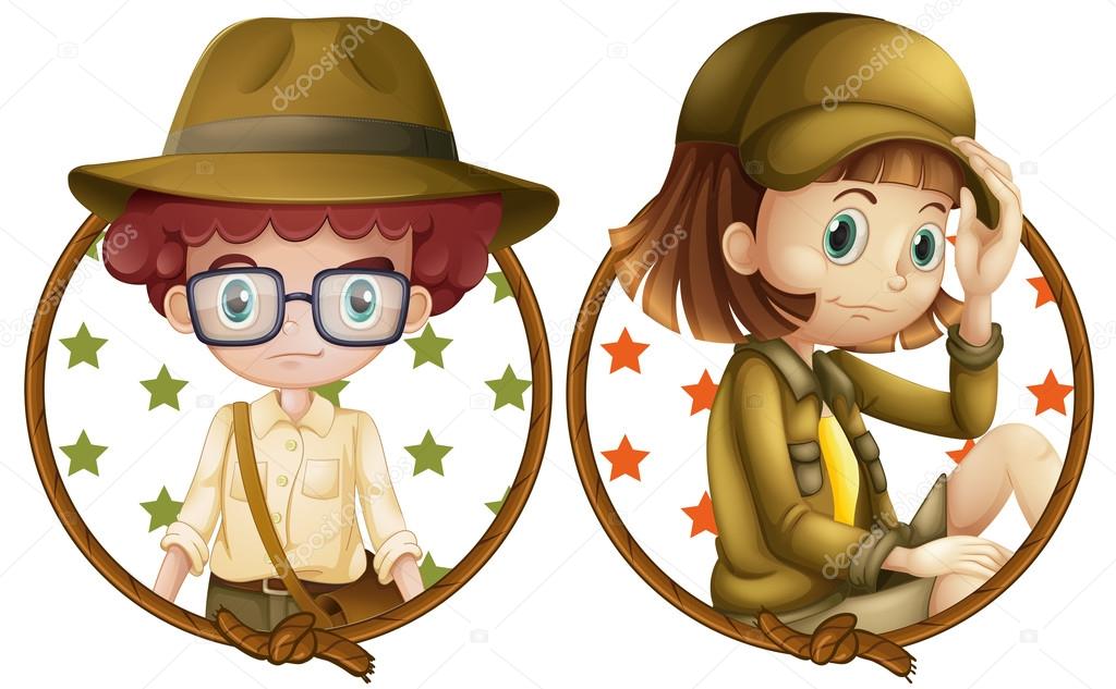 Boy and girl on round badges