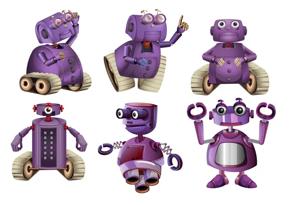 Paarse robots in zes ontwerpen — Stockvector