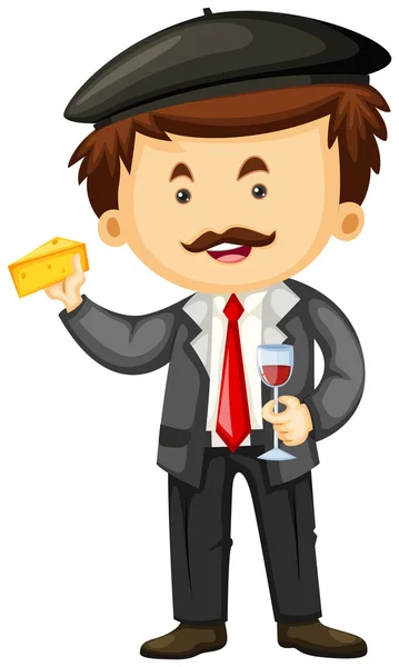 Man holding cheese and glass of wine — Stock Vector