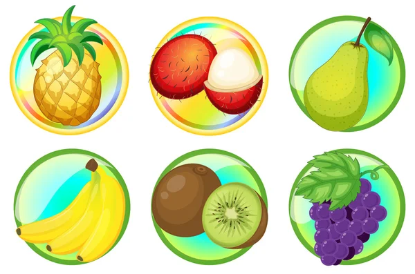 Fresh fruits on round badges — Stock Vector