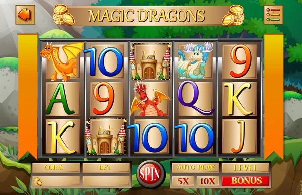 Spel sjabloon met draken en kastelen — Stockvector