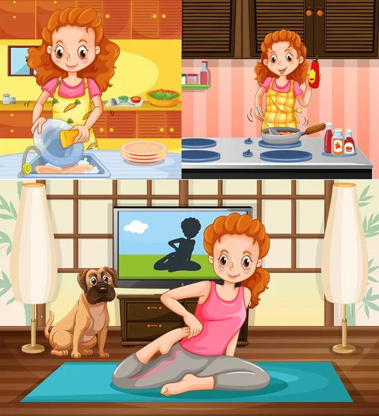 Housewife doing different activities — Stock Vector