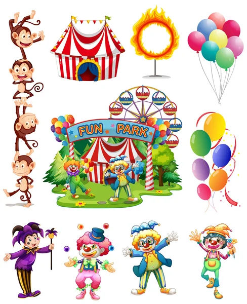 Clowns en andere voorwerpen uit circus — Stockvector