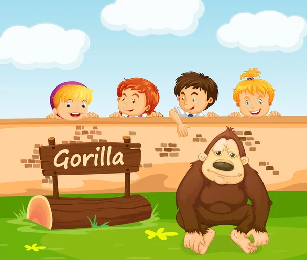 Дети смотрят на гориллу в зоопарке — стоковый вектор