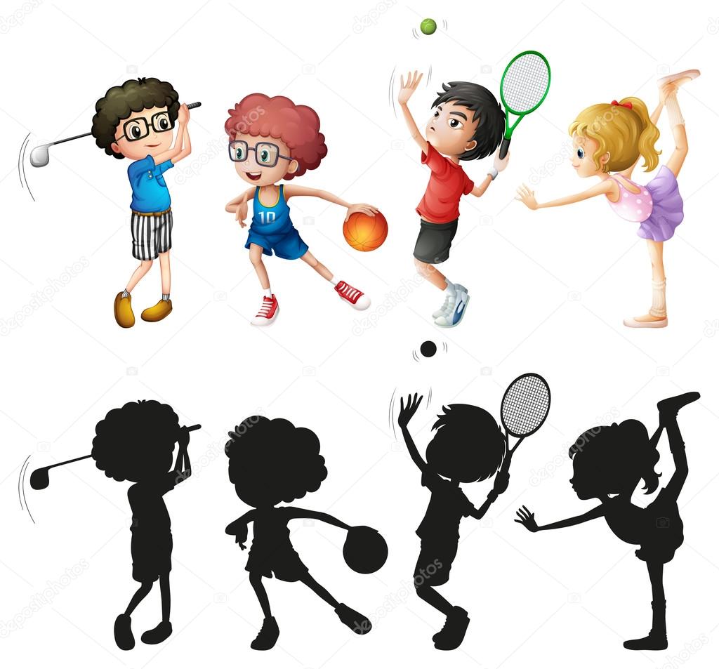 Cartoon children exercising and do sport with - Stock