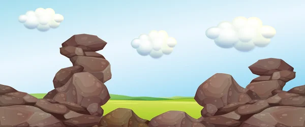 Escena de naturaleza con rocas y campo — Vector de stock