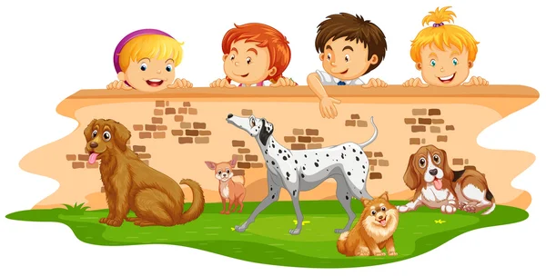 Children looking at dogs over the wall — Stock Vector