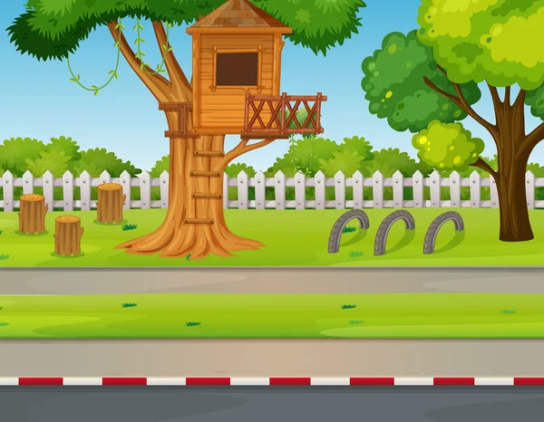 Escena del parque con la casa del árbol a lo largo del camino — Vector de stock