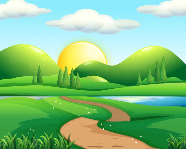 Escena de naturaleza con carretera y campo — Vector de stock