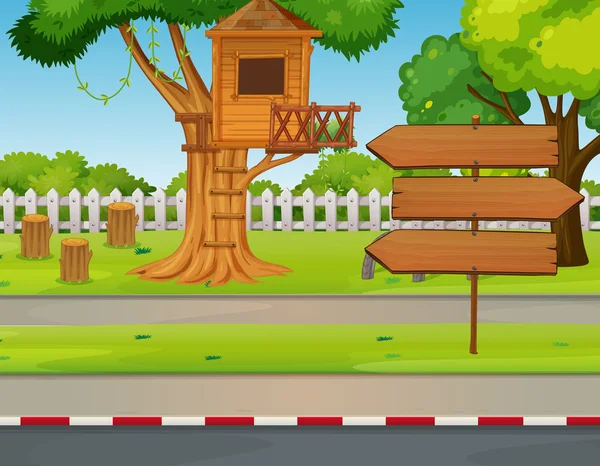Casa da árvore e sinais no parque — Vetor de Stock