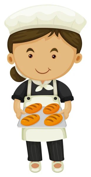 Female baker holding tray of bread — Stock Vector