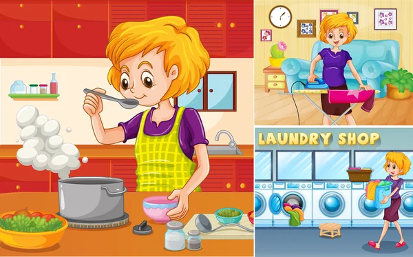 Housewife doing different chores in the house — Stock Vector