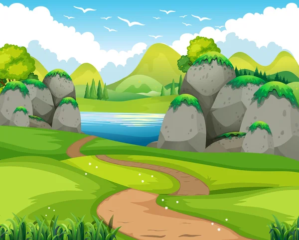 Escena natural con pista de senderismo y lago — Vector de stock