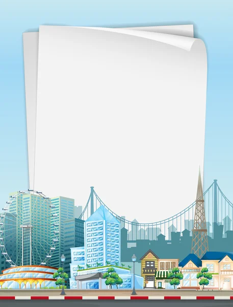 Paper template with city scene in background — Stock Vector