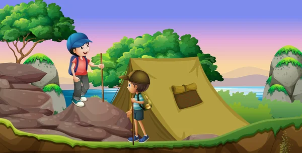 Two kids camping out by the lake — Stock Vector