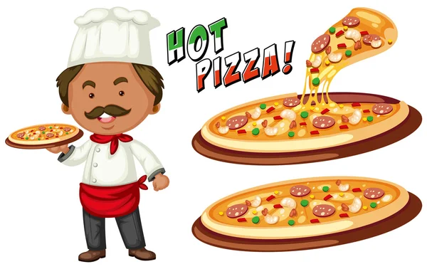 Chef italiano y pizza caliente — Vector de stock