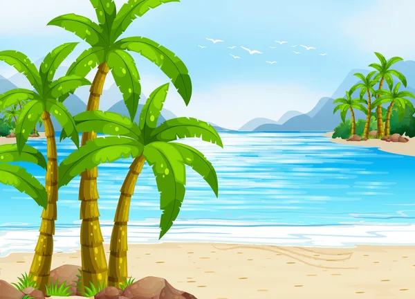 Tema de verano con playa y océano — Vector de stock