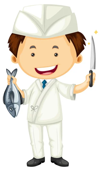 Суші шеф-кухар з гострим ножем і рибою — стоковий вектор