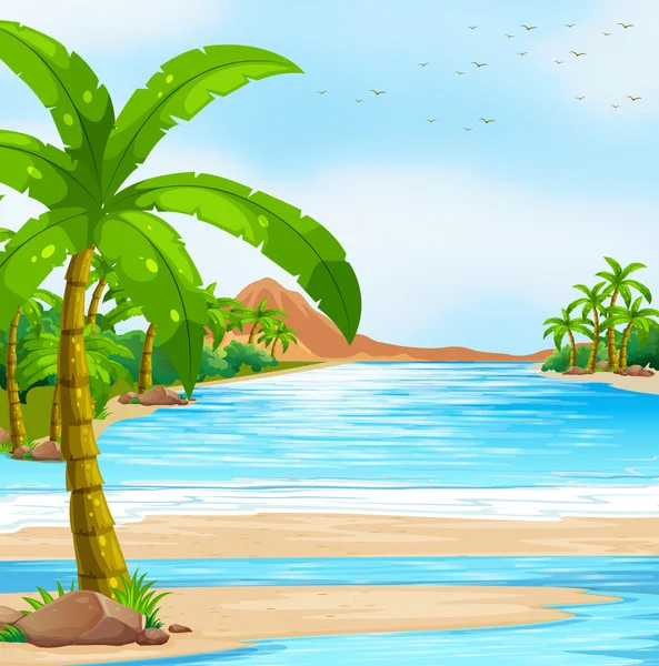 青い海、ココナッツの木とのシーン — ストックベクタ