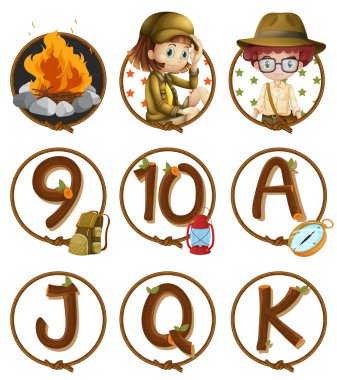 Karakterler ve sayılar yuvarlak rozetleri üzerinde