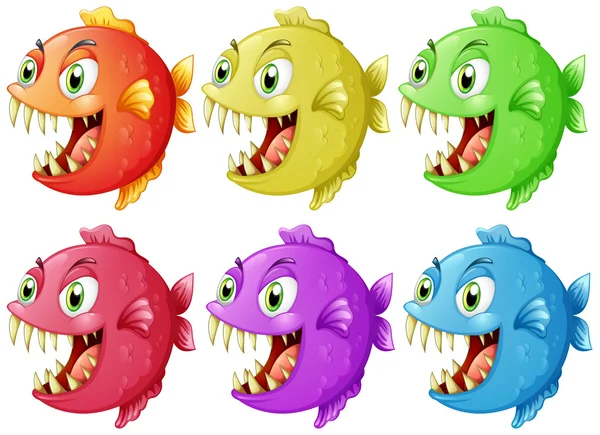 Seis peces con dientes afilados — Vector de stock