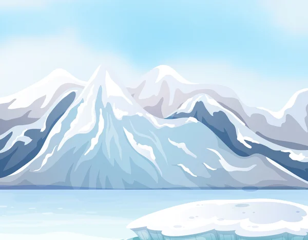 Scène avec neige sur les grandes montagnes et la rivière — Image vectorielle
