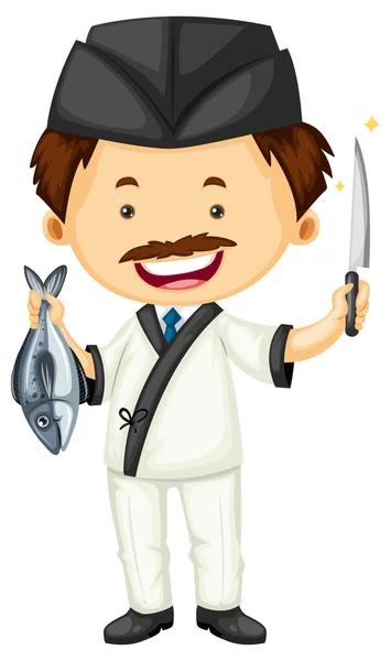 Sushi szakács, a halak és a kés — Stock Vector