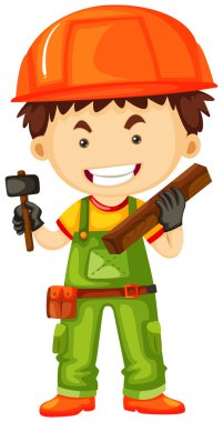 Marangoz holding çekiç ve ahşap