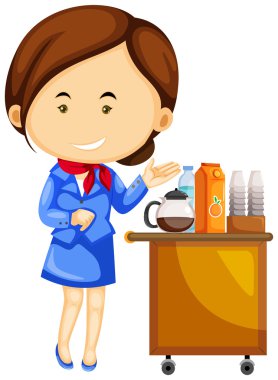 Uçuş görevlisi ve içecek arabası sepeti