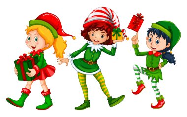 Üç kız elf kostümü Noel için giyinmiş.