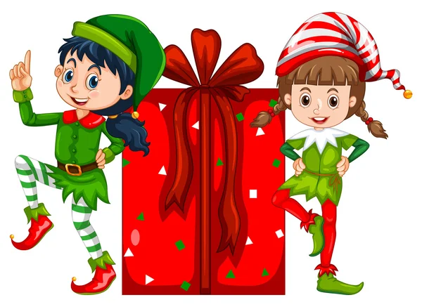 Two girls dressed in elf costume and red present box — Stock Vector