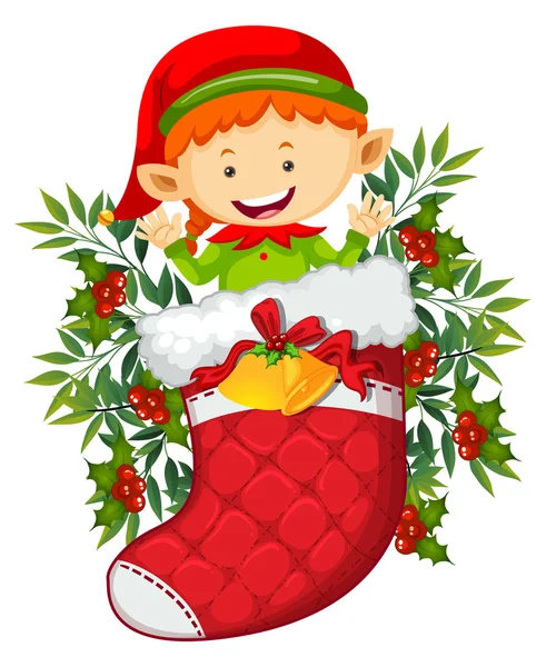 Christmas theme with elf in red sock — Stock Vector