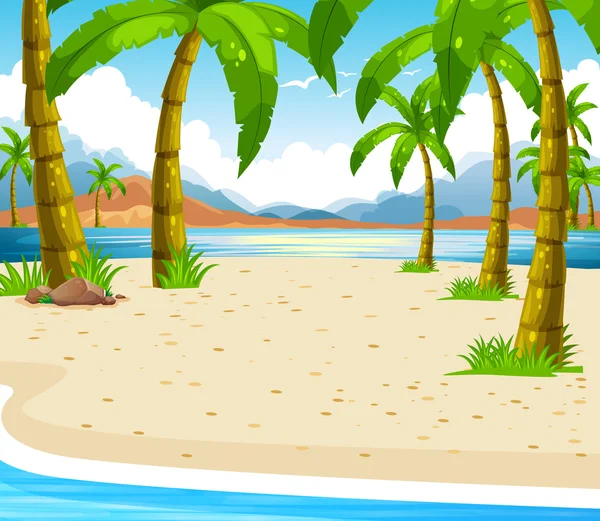 Escena de playa con cocoteros — Vector de stock