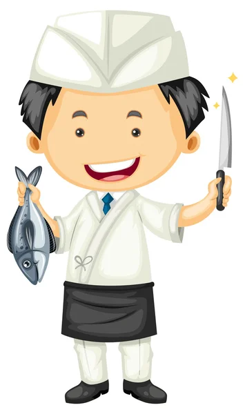 Chef de sushi sosteniendo pescado y cuchillo — Vector de stock