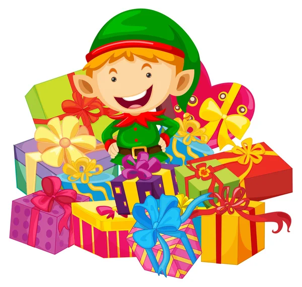 Tema de Natal com elfo e muitos presentes — Vetor de Stock
