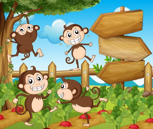 Scena di giardino con scimmie e segni — Vettoriale Stock