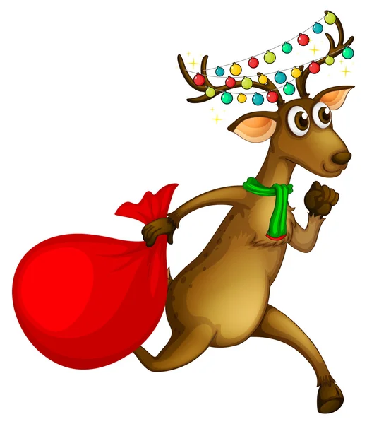 Reindeer running with red bag — Stock Vector