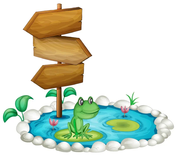 Frog and wooden sign at the pond — Stock Vector