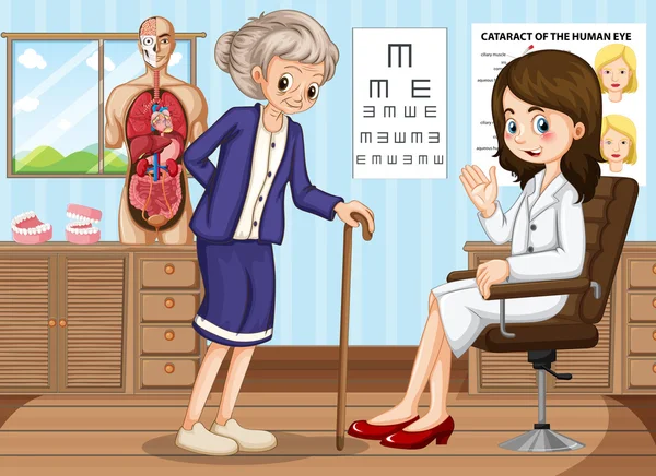 Läkare och gammal kvinna i kliniken — Stock vektor