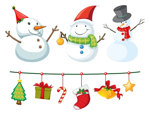 Tema de Natal com boneco de neve e ornamentos —  Vetores de Stock