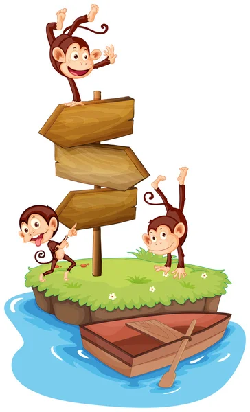 Tři opice a dřevěné nápisy na ostrově — Stockový vektor