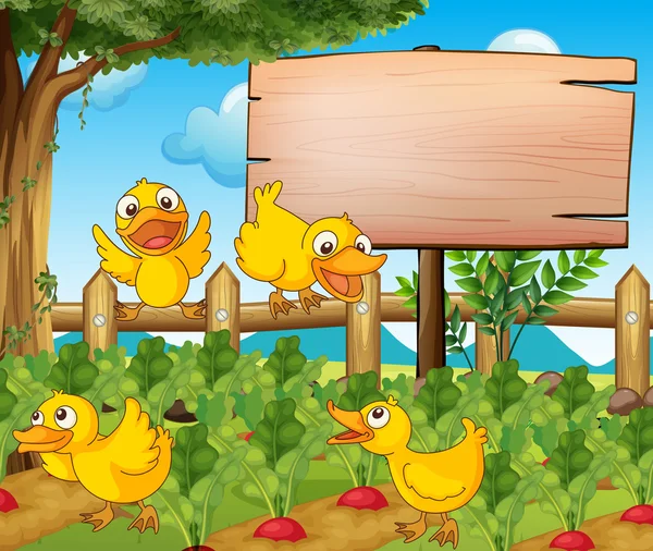 Scène de jardin avec quatre canards et signe — Image vectorielle