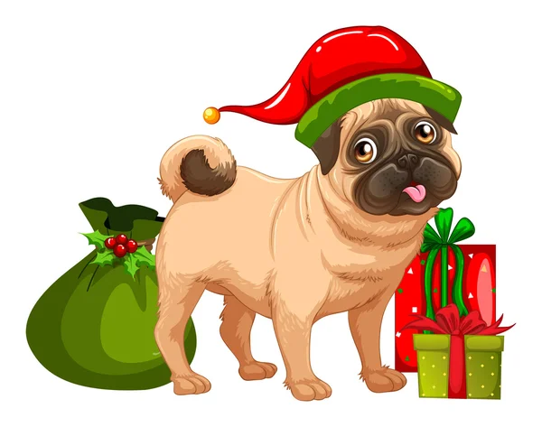 Tema de Navidad con lindo perro y cajas de regalo — Vector de stock