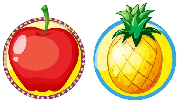 Red apple and pineapple on round badges — Stock Vector