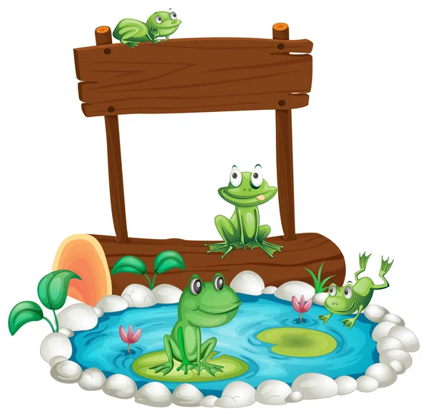 Wooden sign with frogs in the pond background — Stock Vector