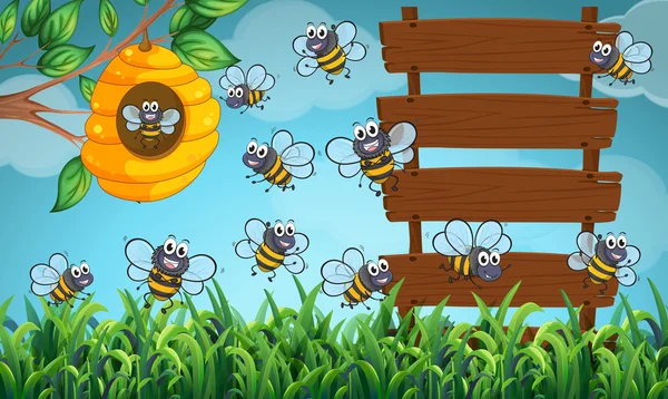 Många bin flyger i trädgård med tecken — Stock vektor