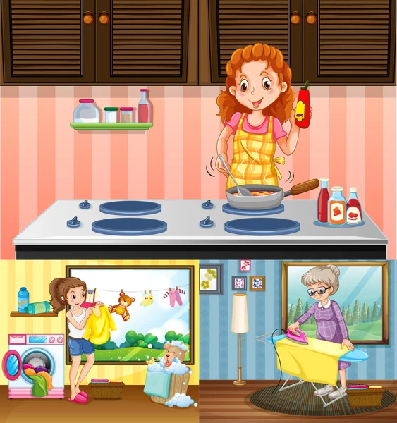 Women doing different chores in the house — Stock Vector