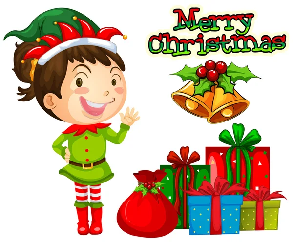 Elf ve kazık hediyeleri Noel kartı tasarımı — Stok Vektör