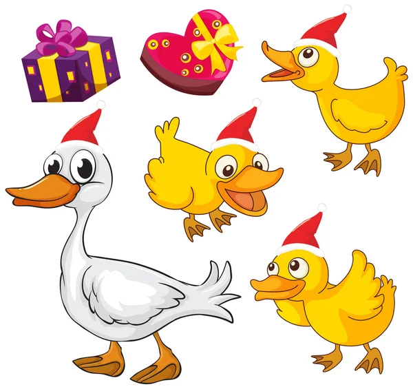 Thème de Noël avec canards et cadeaux — Image vectorielle