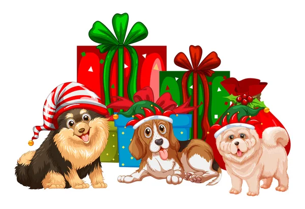 Tema Navidad con perros y regalos — Vector de stock